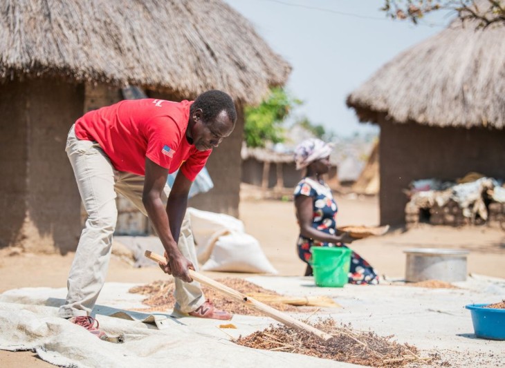 Mand tærsker strå foran hytte