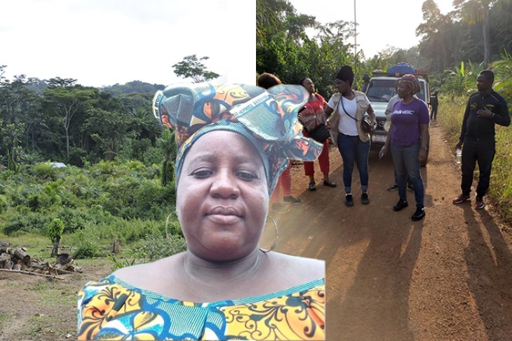 Fotocollage med kvinde, personer og bil, Liberia